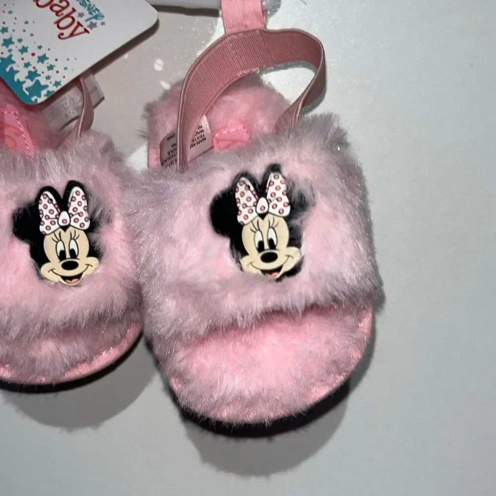 Disney Baby Pink Faux-Fur Back‎ Strap Minnie Mouse Slippers Size 9-12 Months NWT